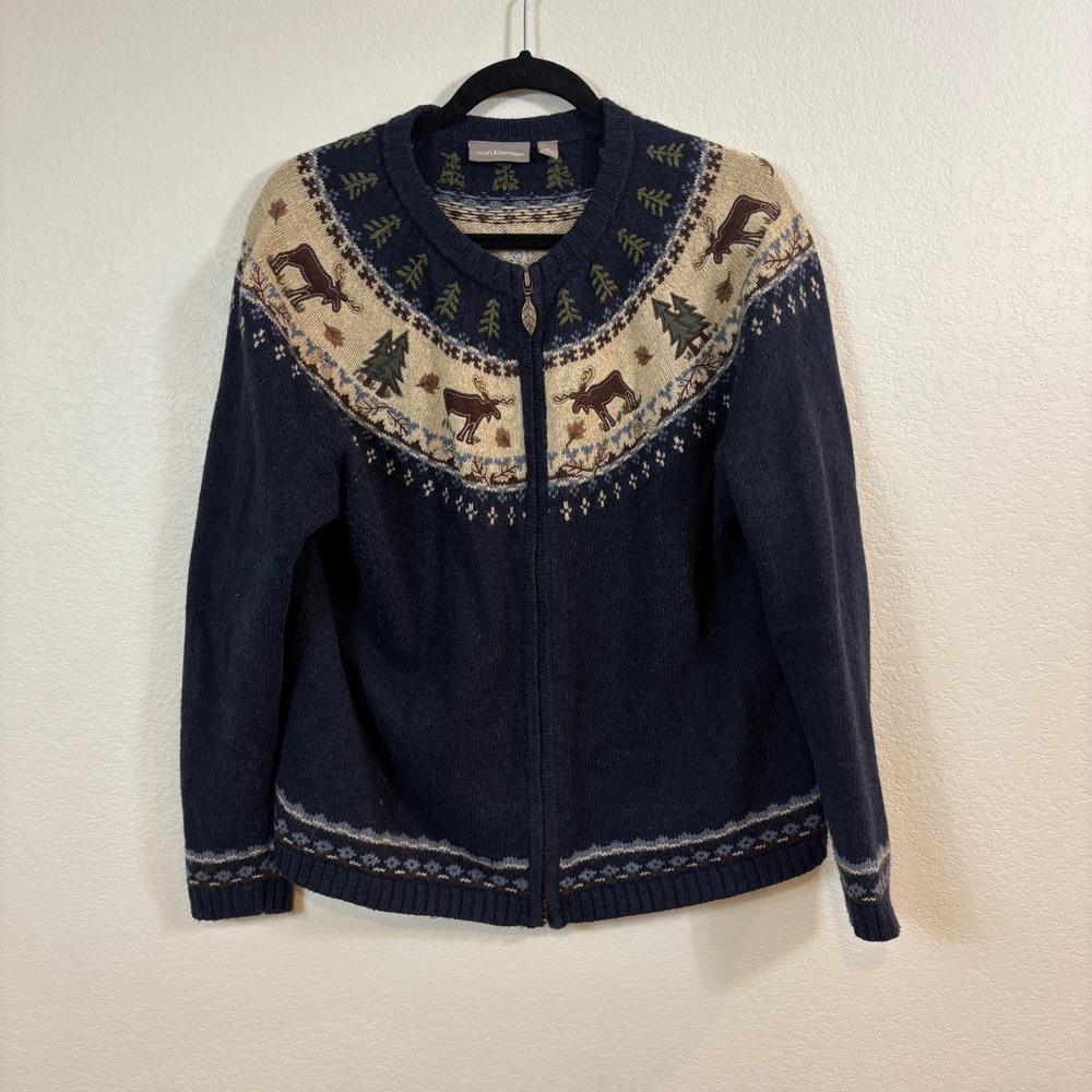 Croft & Barrow Cardigan Women Medium Navy Vintage Moose Zip Oversized Fair Isle